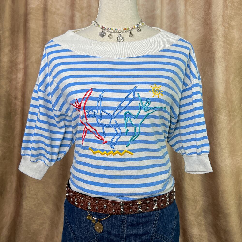 Vintage Embroidered Striped Shirt 90s Dancer Shirt Beach Sporty Surfer Retro